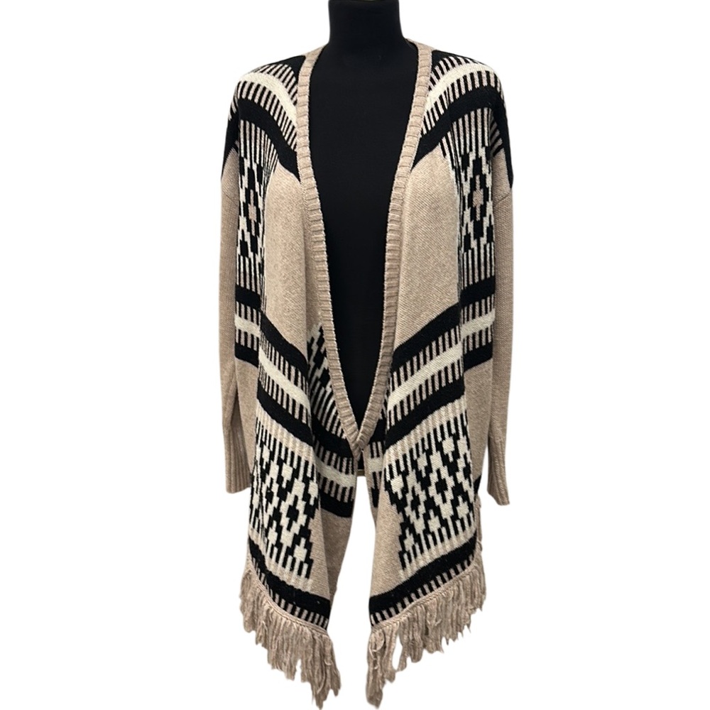 American Eagle Outfitters Tribal Pattern Open Cardigan Sweater w Fringe Neutral